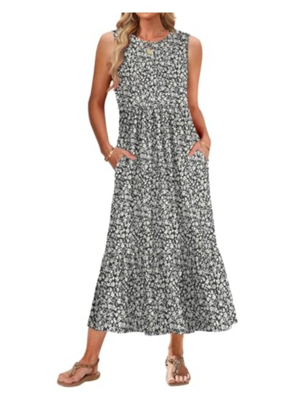 Womens Sleeveless Maxi Dress Flowy Tiered with Pockets Casual Summer